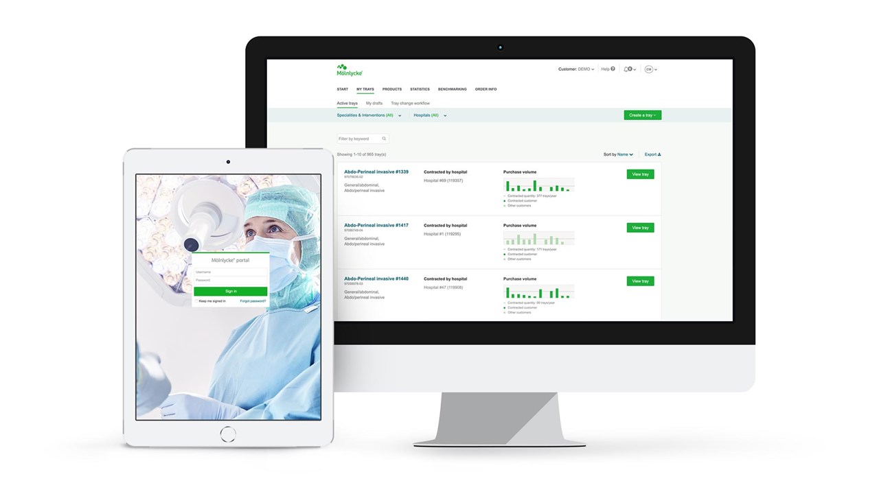 Imagen del portal Mölnlycke Tray en la pantalla de un ordenador y una tablet