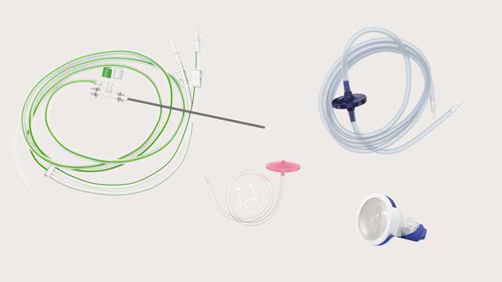 collection of laparoscopic tray components: camera cover, insufflation tube, smoke filter